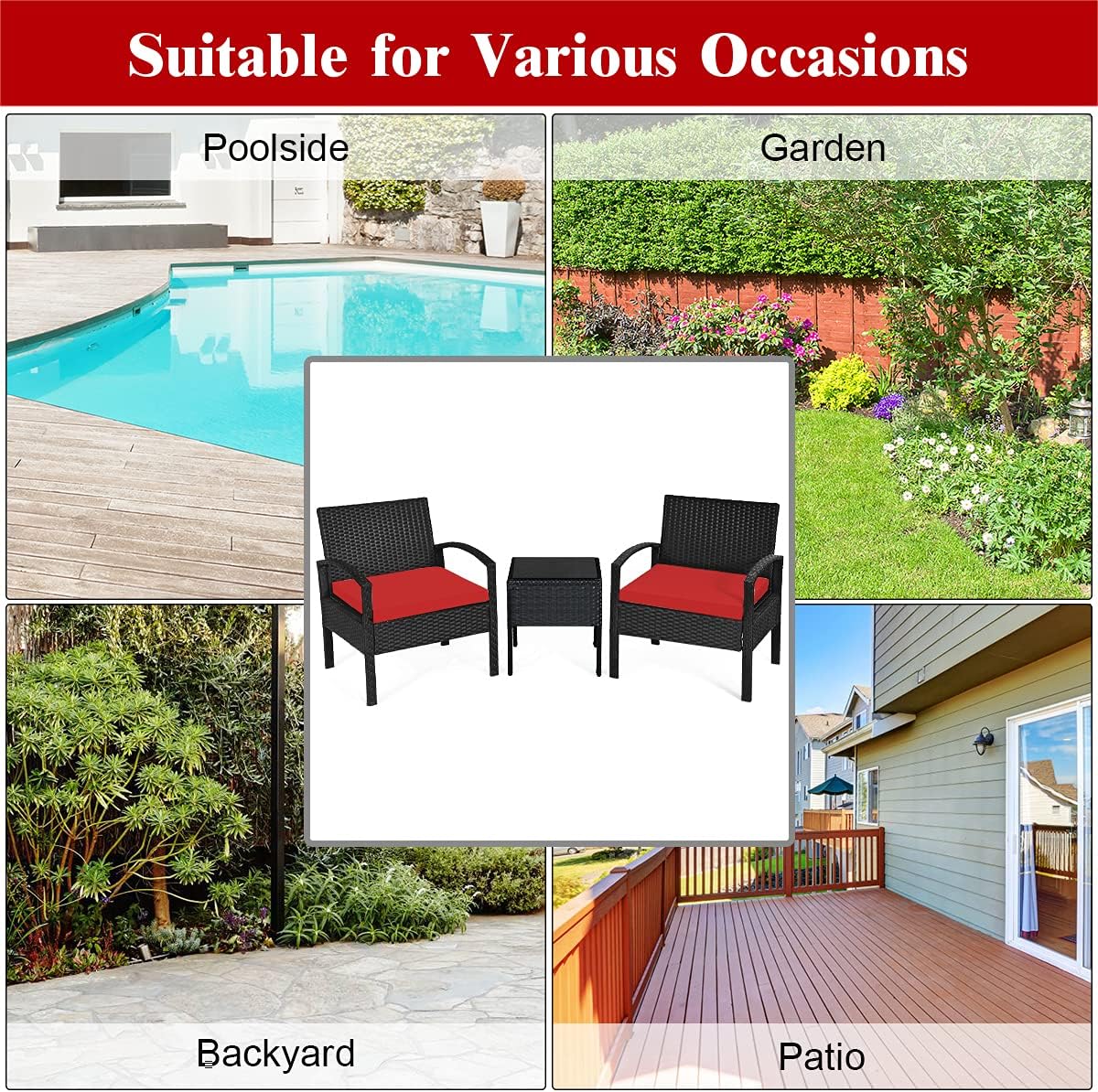 Tangkula 3 PCS Patio Conversation Set, Outdoor Rattan Sofa Set with Seat Cushions & Coffee Table, Patio Wicker Furniture Set for Garden Balcony Backyard Poolside (Red)