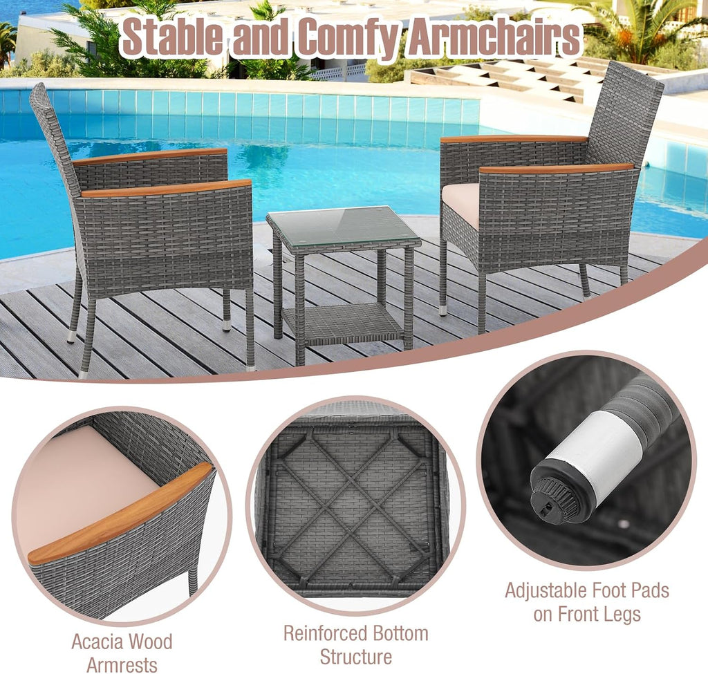 Tangkula 5 Pieces Patio Conversation Set, Outdoor PE Rattan Chairs with Soft Cushions, Ottomans & Tempered Glass Top Table, Acacia Wood Armrests, Patio Furniture Set (Mix Grey+Beige)