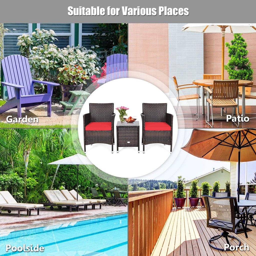 DORTALA Wicker Patio Furniture Set 3 Piece, Small Outdoor Table & Chairs Set with Cushions, All-Weather Rattan Conversation Bistro Set for Balcony, Porch, Backyard, Deck, Red