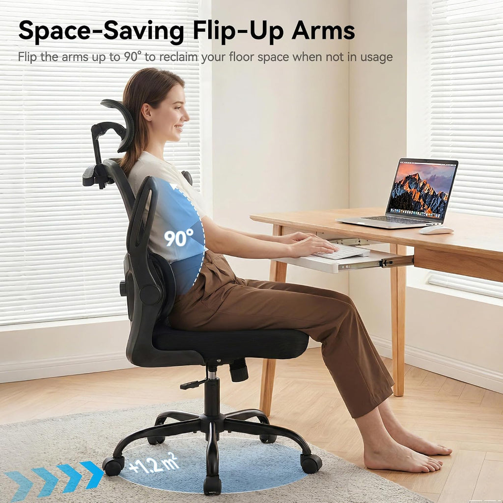 AreShark Office Chair-Ergonomic Desk Chair with Hidden Hanger & Flip-Up Arms, High Back Mesh Computer Chair with 2D Headrest & Adjustable Lumbar, Comfy Rolling Task Chair for Home Work Gaming, Black