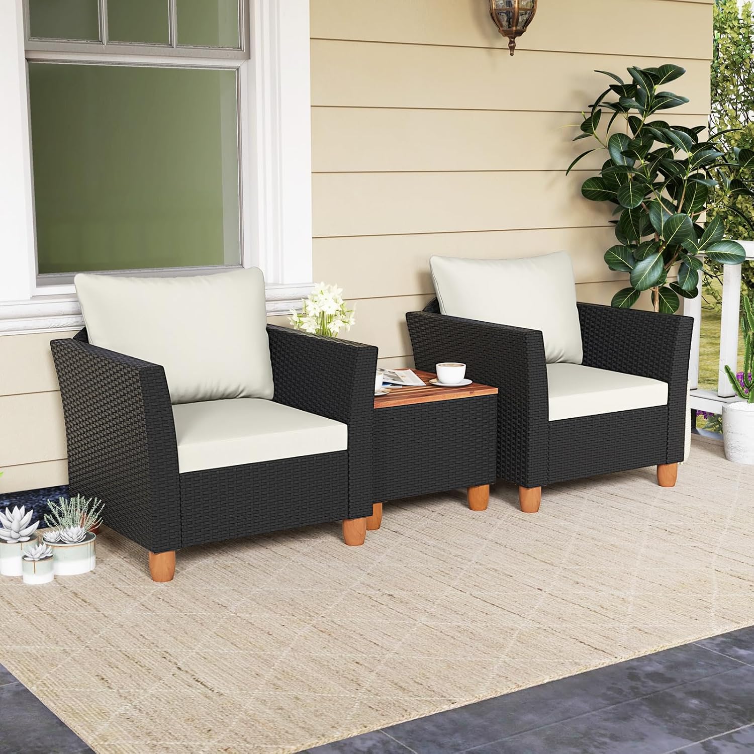 Tangkula 3 Pieces Patio Porch Furniture Set, PE Rattan Wicker Chair Conversation Set with Cushions and Storage Table, Outdoor Acacia Wood Bistro Set for Garden, Poolside (White)