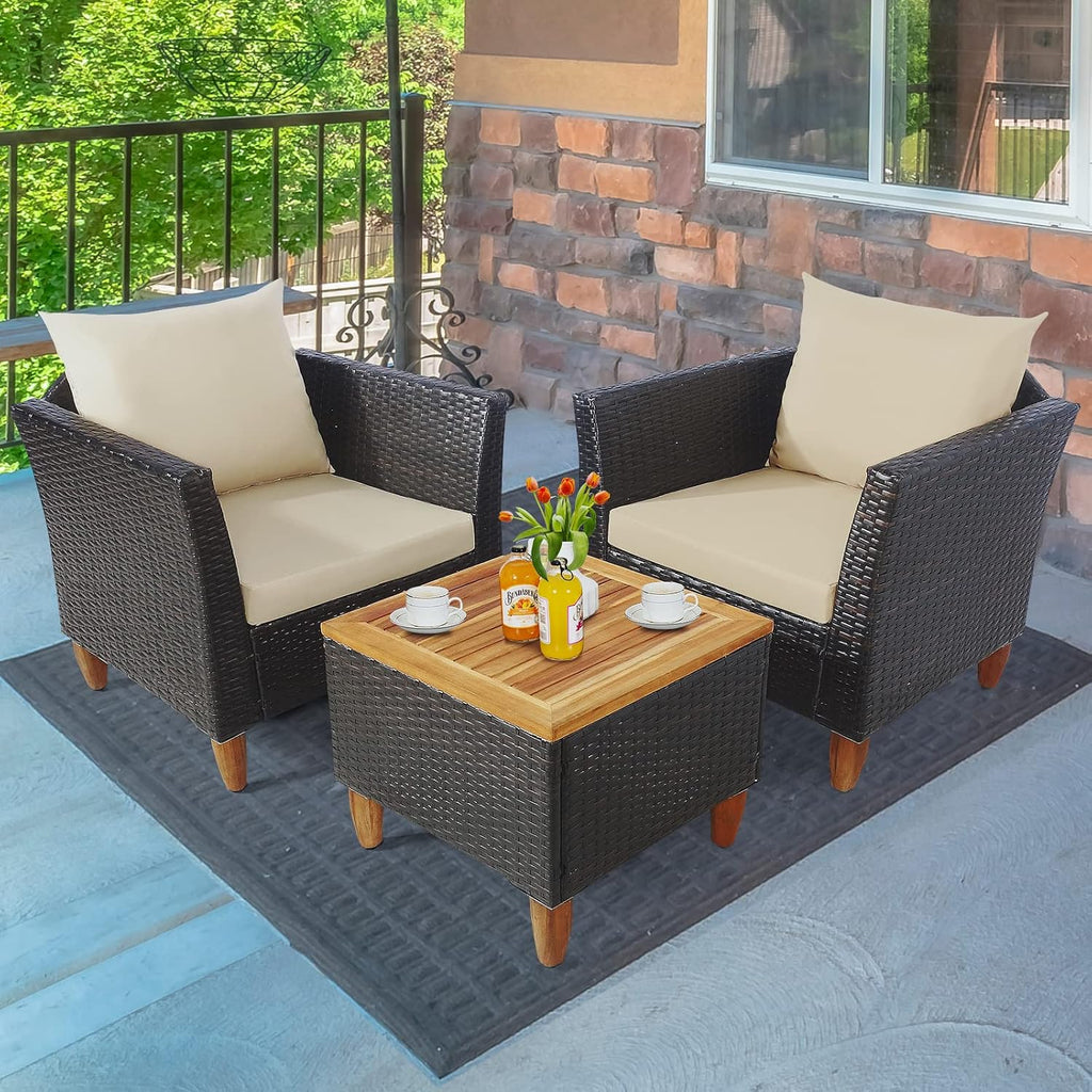 Tangkula 3-Piece Patio Furniture Set, Patiojoy Outdoor PE Wicker Bistro Set with Soft Cushions and Solid Acacia Wood, Outdoor Conversation Set with Porch, Balcony and Garden (Beige)