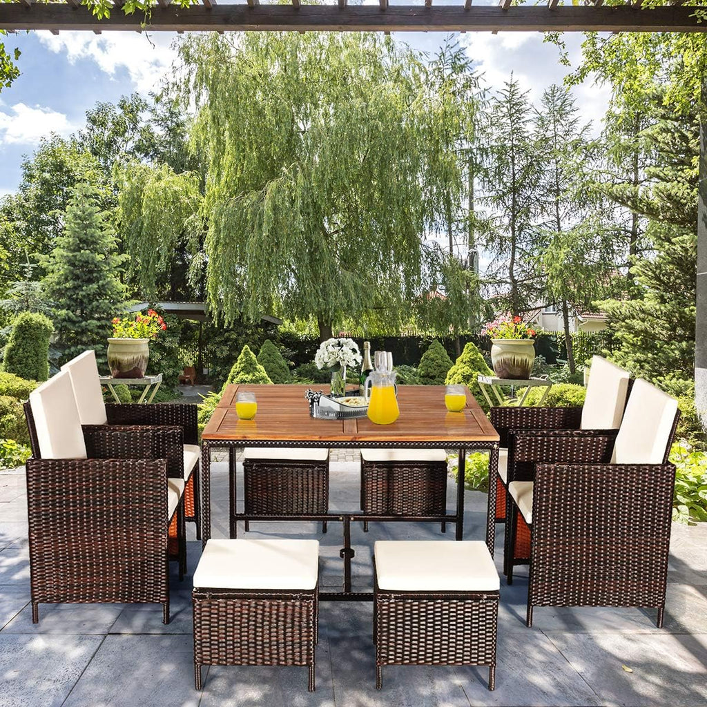 Tangkula 9 Pieces Patio Acacia Wood Table and Chairs Set with Umbrella Hole, Outdoor Space Saving Outdoor Dining Set,for Garden,Yard,Poolside