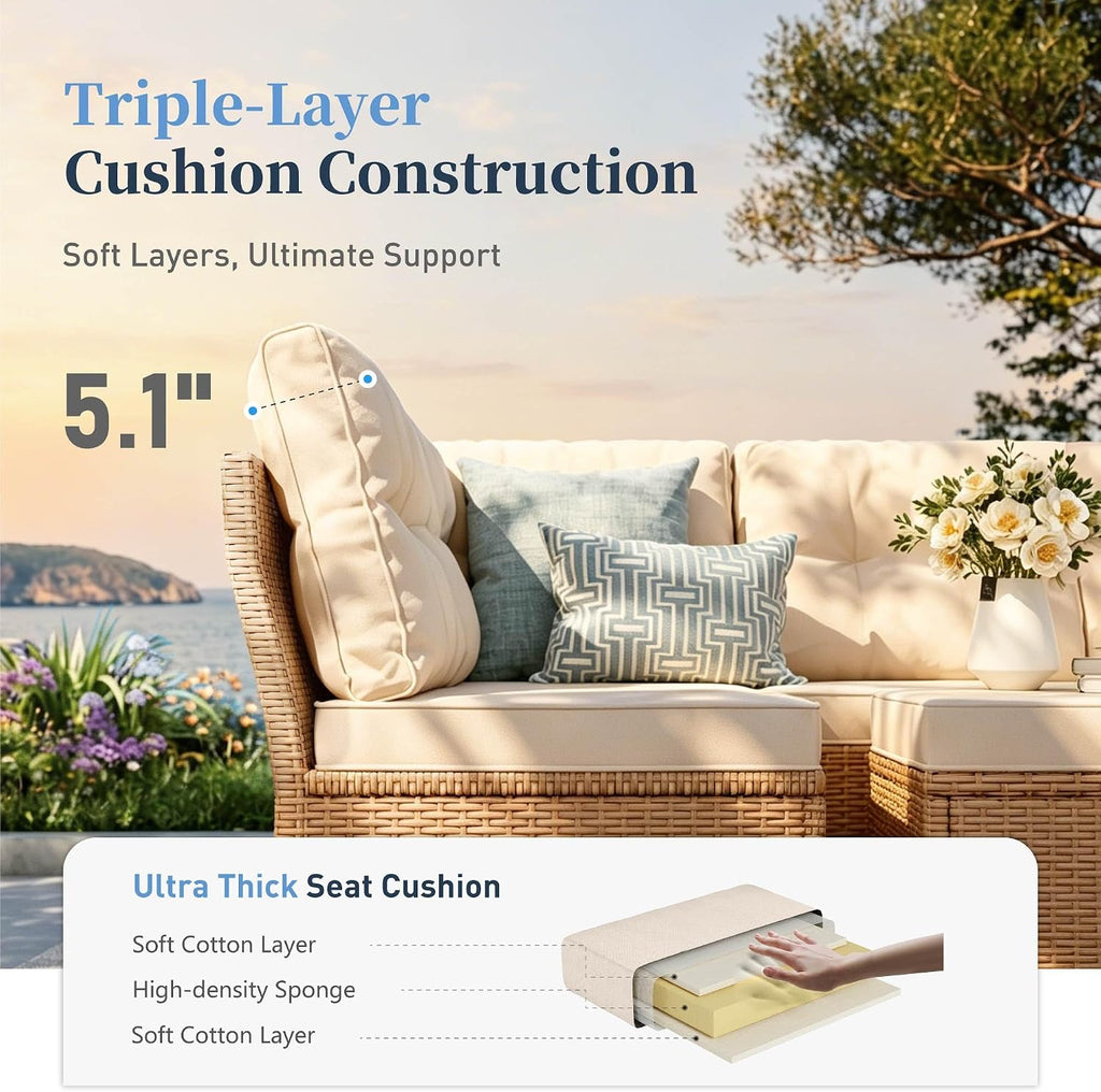SUNSHINE VALLEY Small Patio Furniture Set, 6 Piece Wicker Outdoor Patio Conversation Set, Outside L-Shaped Sectional Sofa Couch with Chaise Lounge and 2 Ottomans for Porch Balcony Deck