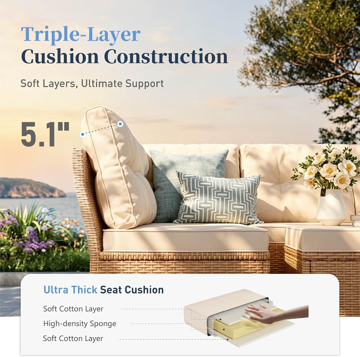 SUNSHINE VALLEY Small Patio Furniture Set, 6 Piece Wicker Outdoor Patio Conversation Set, Outside L-Shaped Sectional Sofa Couch with Chaise Lounge and 2 Ottomans for Porch Balcony Deck