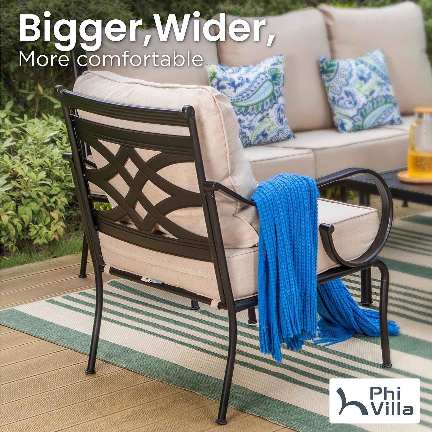 PHI VILLA Outdoor Patio Sofa Chairs Set of 2, Metal Patio Furniture Armchair,Heavy Duty Outdoor Sofas with 5.5' Thicken Cushions(Outdoor Sofa Complementary Set)