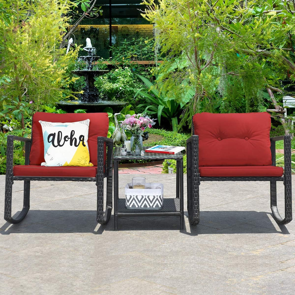 COSTWAY 3 Pieces Patio Rattan Rocking Chair Set, Outdoor Conversation Furniture Sets with Coffee Table, Storage Shelf and Cushions, Modern Bistro Set for Porch, Backyard, Garden, Red