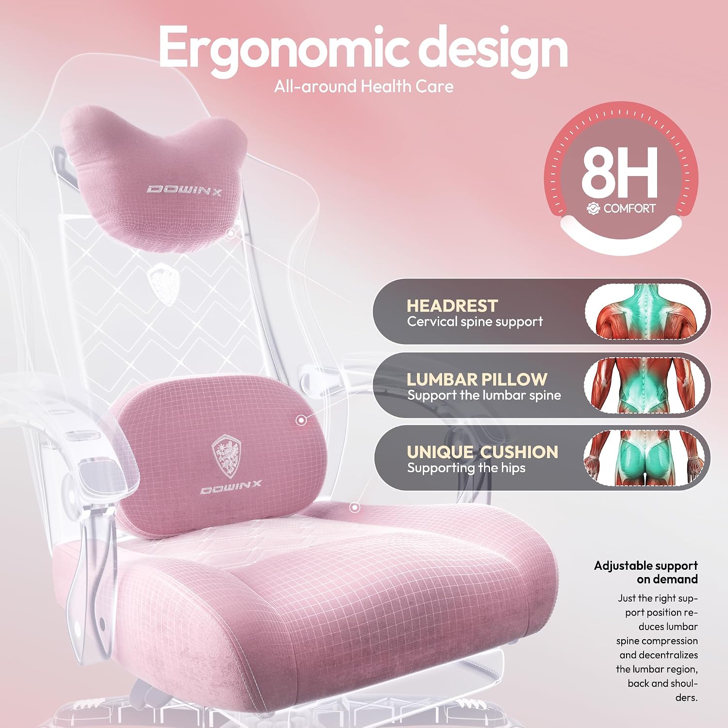 Dowinx Gaming Chair with Heated Massage Lumbar Support,Big and Tall Fabric Gaming Chairs for Adults with Footrest, Ergonomic Computer Game Chair with Poket Spring Cushions, 350lbs, Pink