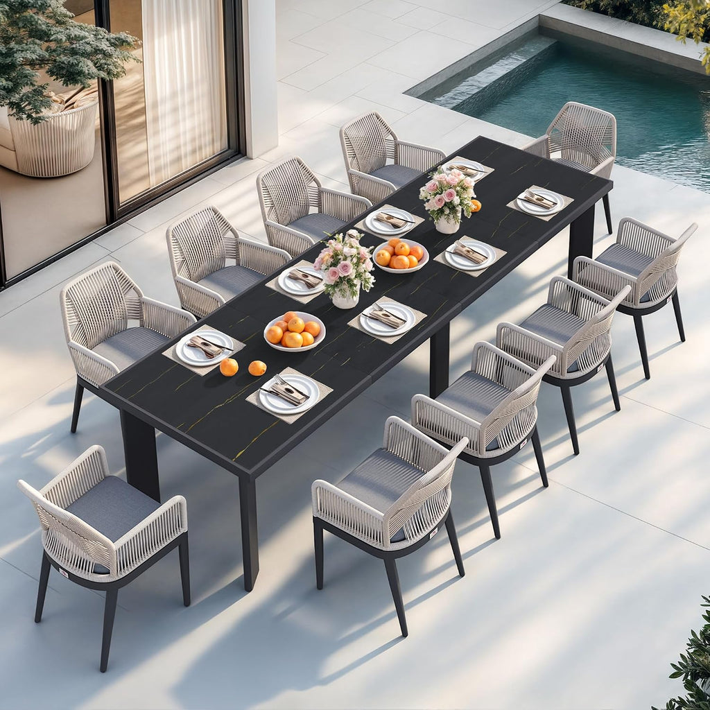 PURPLE LEAF 11 Pieces Patio Dining Set Aluminum Modern Rectangular Table and Rattan Arm Chairs with Cushions for Kitchen Porch Garden Outdoor Furniture Sets, Dark Grey