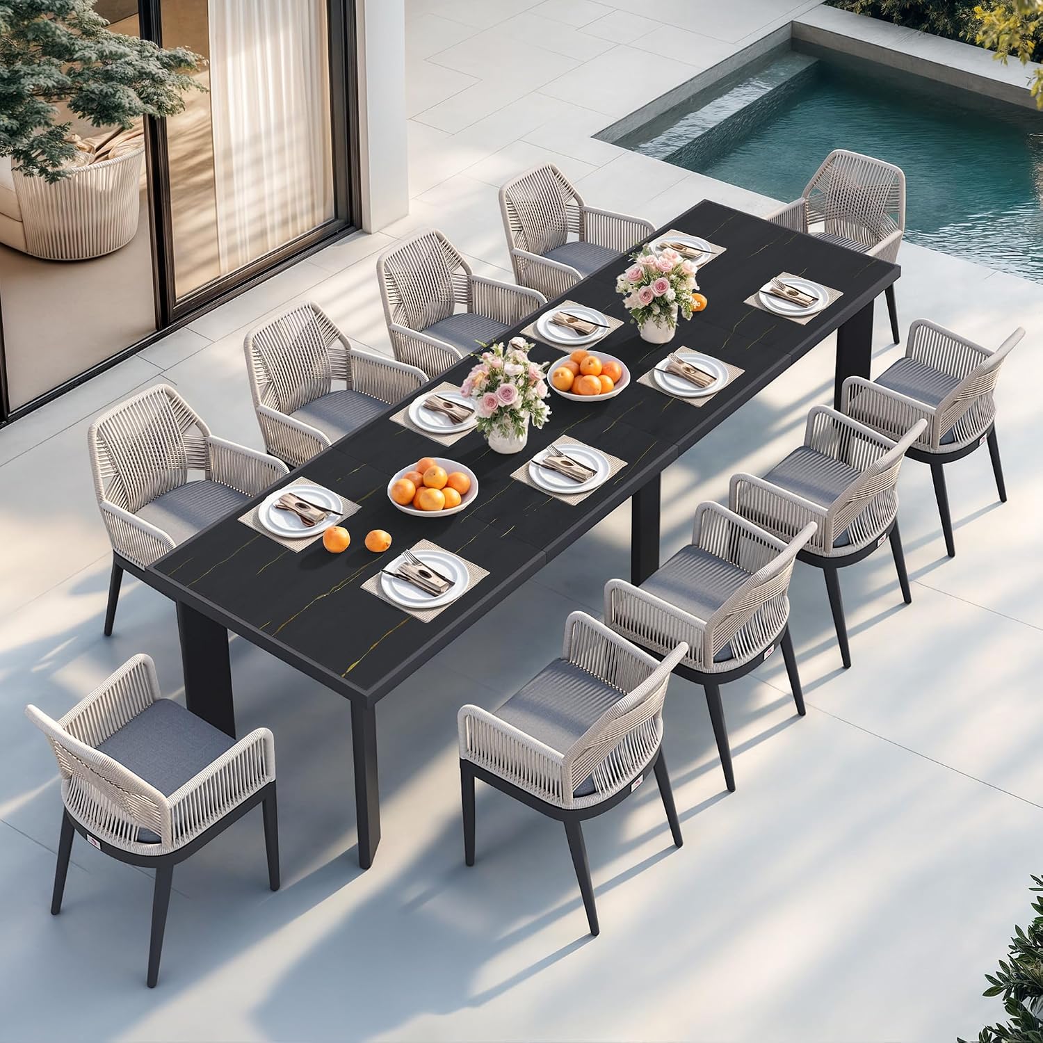 PURPLE LEAF 11 Pieces Patio Dining Set Aluminum Modern Rectangular Table and Rattan Arm Chairs with Cushions for Kitchen Porch Garden Outdoor Furniture Sets, Dark Grey