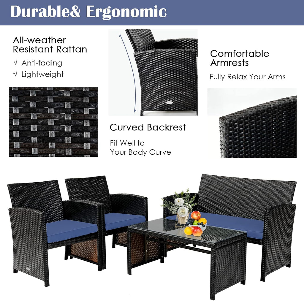 COSTWAY Patio Furniture Set 4 Pieces, Outdoor Wicker Chairs Sofa w/Coffee Table and Soft Cushions, Rattan Conversation Sets for Patio Lawn Backyard Yard Pool Garden, Navy