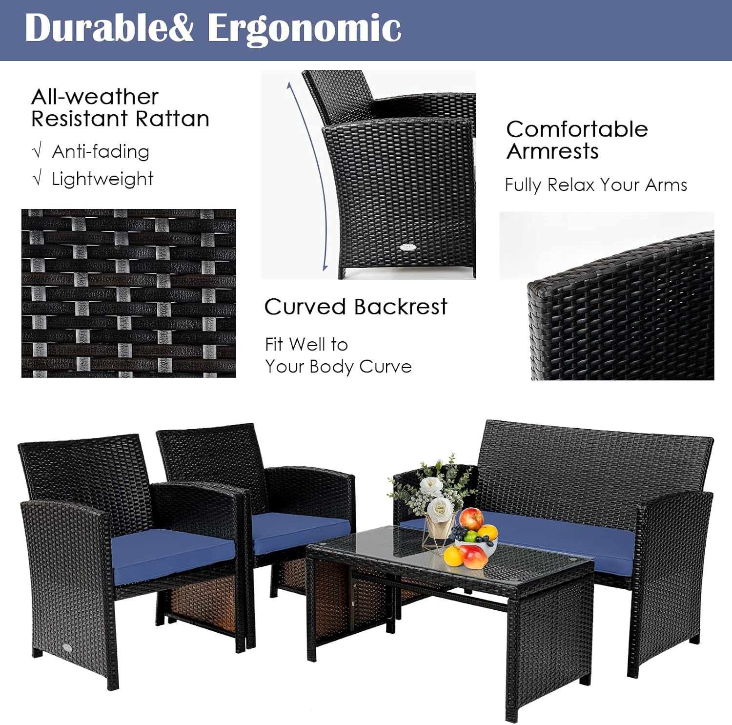 COSTWAY Patio Furniture Set 4 Pieces, Outdoor Wicker Chairs Sofa w/Coffee Table and Soft Cushions, Rattan Conversation Sets for Patio Lawn Backyard Yard Pool Garden, Navy