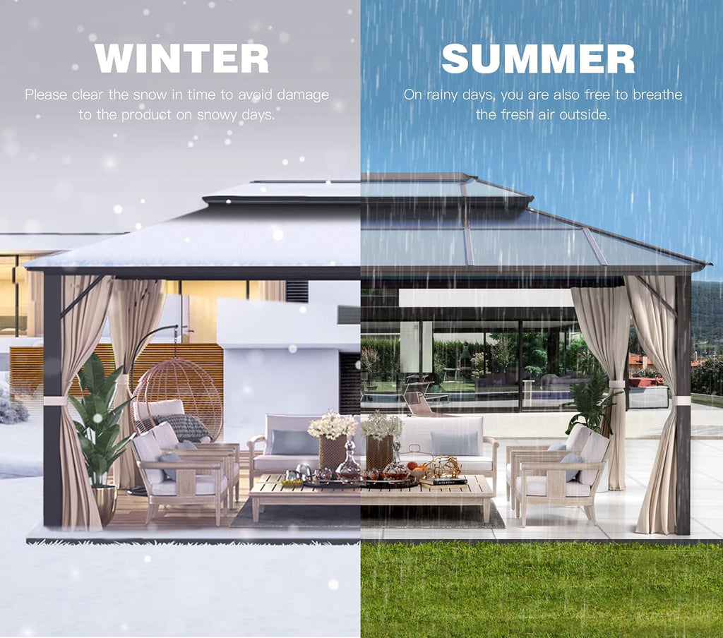YOLENY 12'x16' Hardtop Gazebo, Outdoor Polycarbonate Double Roof Canopy, Aluminum Frame Permanent Pavilion with Curtains and Netting, Sunshade for Garden, Patio, Lawns