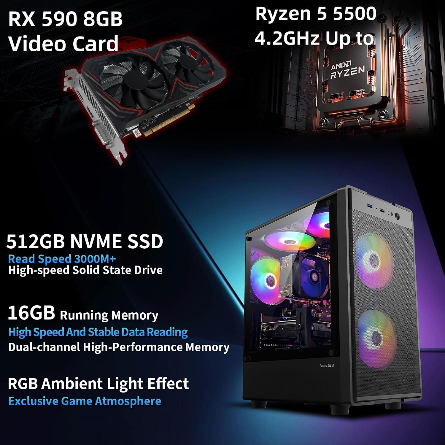 Gaming PC Computer Desktop, Ryzen 5 6-core up to 4.2GHz, Radeon RX 590 8G, 16G DDR4, 512GB SSD, WiFi 6, RGB Fan x5, Tower Computers Windows 11 Home