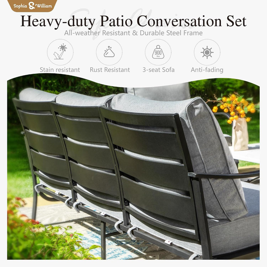 Sophia & William Patio Furniture Sets 7 Seats Outdoor Conversation Set 6 Pcs,2 x Cushioned Swivel Sofa Chairs,1 x 3-Seat Sofa,2 Ottomans, Marbling Metal Coffee Table Patio Backyard Poolside Grey
