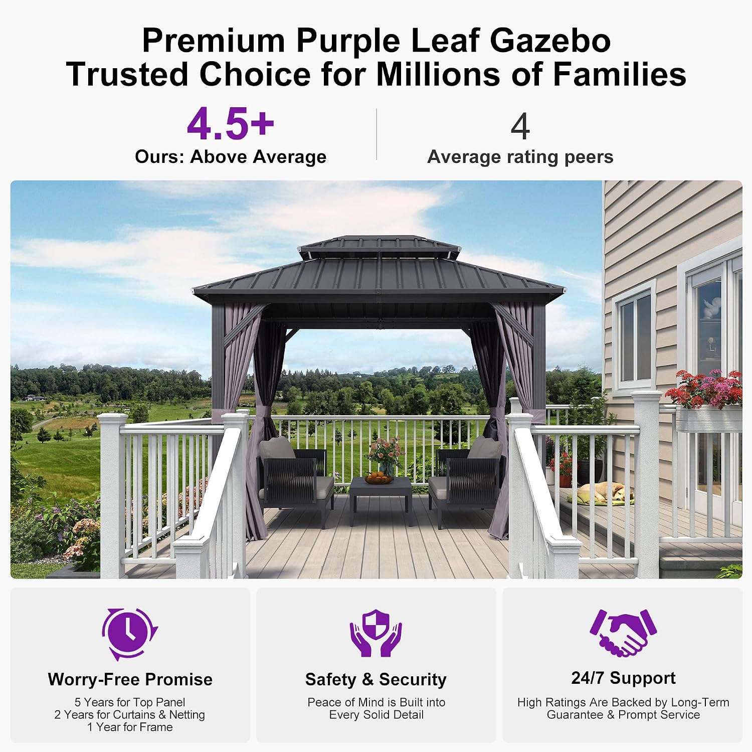 PURPLE LEAF 8' X 10' Permanent Hardtop Gazebo with Galvanized Steel Double Roof for Patio Lawn Garden Aluminum Gazebo with Netting and Curtains Grey