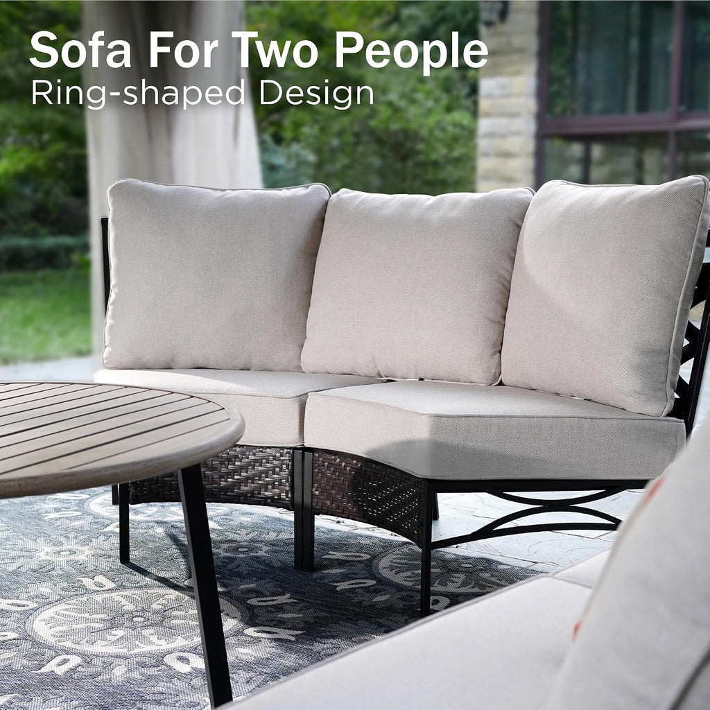 PHI VILLA Outdoor Patio Furniture Set 10 Piece, Round Sectional Curved Outdoor Sofa for 8 Persons with 2 Round Table for Garden, Poolside, Balcony, Backyard