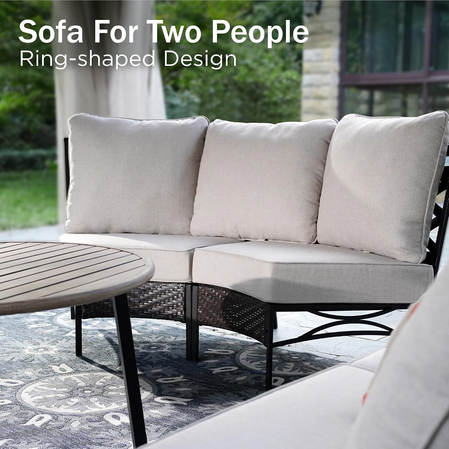 PHI VILLA 6 Piece Half Moon Patio Furniture Set, Outdoor Curved Wicker&Metal Sectional Conversation Set for Garden Balcony and Backyard