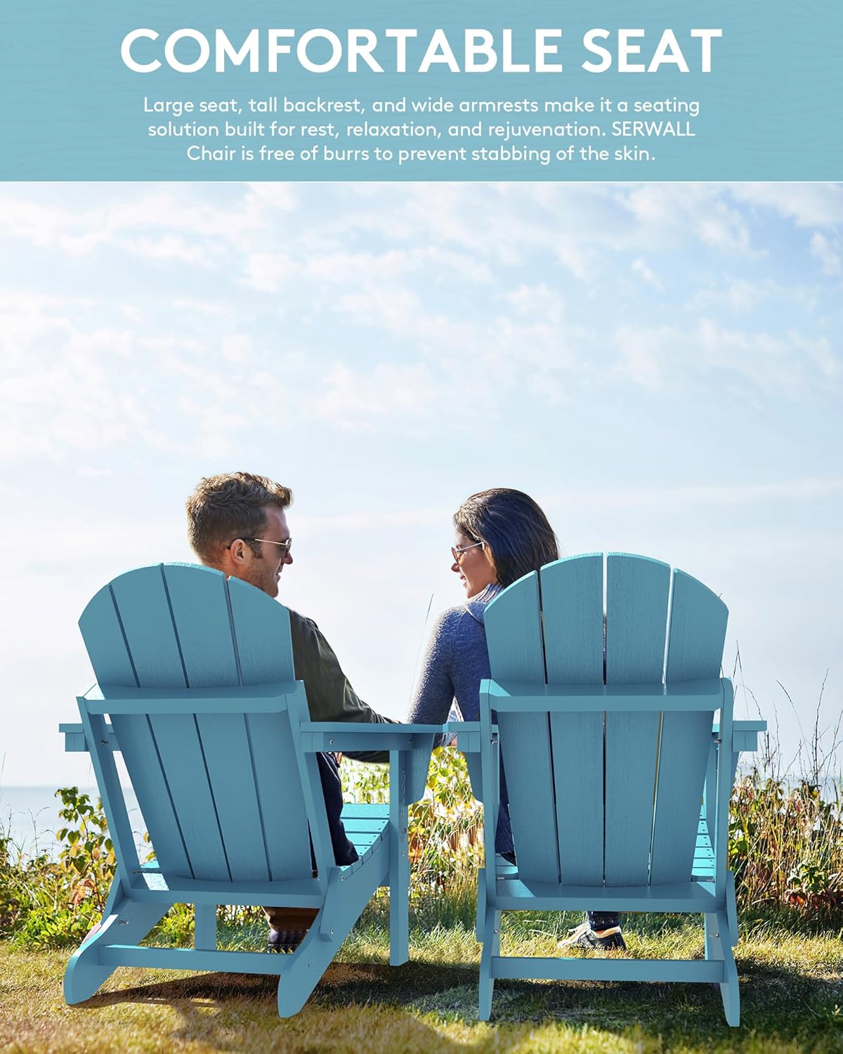 SERWALL Folding Adirondack Chair with Cup Holder Outdoor Adirondack Chairs Weather Resistant Patio Chair Fire Pit Chairs - Light Blue