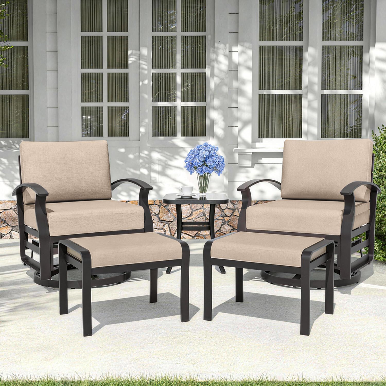 Kurapika 5 Pieces Patio Furniture Set, Outdoor Aluminum Swivel Gliders Rocker, Patio Bistro Set Rocking Chair with Thickened Cushions and Side Table(Sand)