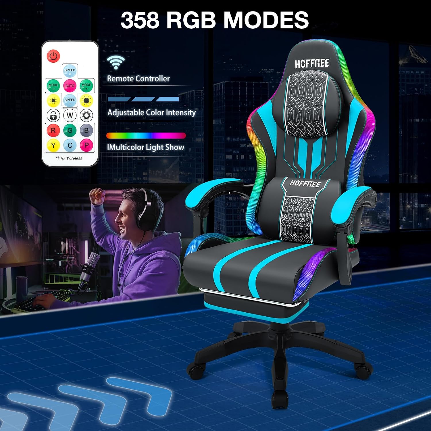 HOFFREE Led Gaming Chair with Speakers and Massage Video Game Chair Big and Tall for 400lbs with Footrest Reclining High Back Computer Desk Chair Blue and Black