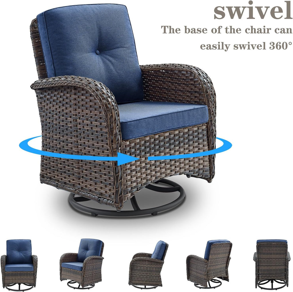 Belord 6 Piece Patio Conversation Sets - Wicker Patio Furniture Sets with Outdoor Swivel Rocker Chairs, Glider Loveseat Perfect for Patio Deck Backyard, Brown Wicker Blue Cushion