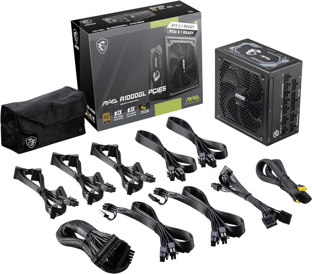 msi MAG A1000GL PCIE5, Fully Modular Compact Gaming 1000W Power Supply, 80+ Gold, ATX 3.1 & PCIe 5.1 Ready, Native Dual-Color 12V-2x6 Cable, 10 Year Warranty