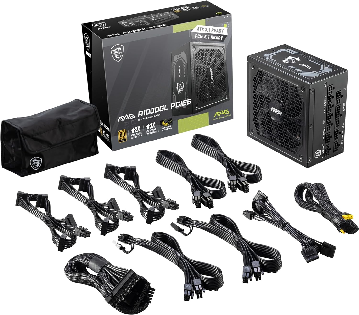 msi MAG A1000GL PCIE5, Fully Modular Compact Gaming 1000W Power Supply, 80+ Gold, ATX 3.1 & PCIe 5.1 Ready, Native Dual-Color 12V-2x6 Cable, 10 Year Warranty