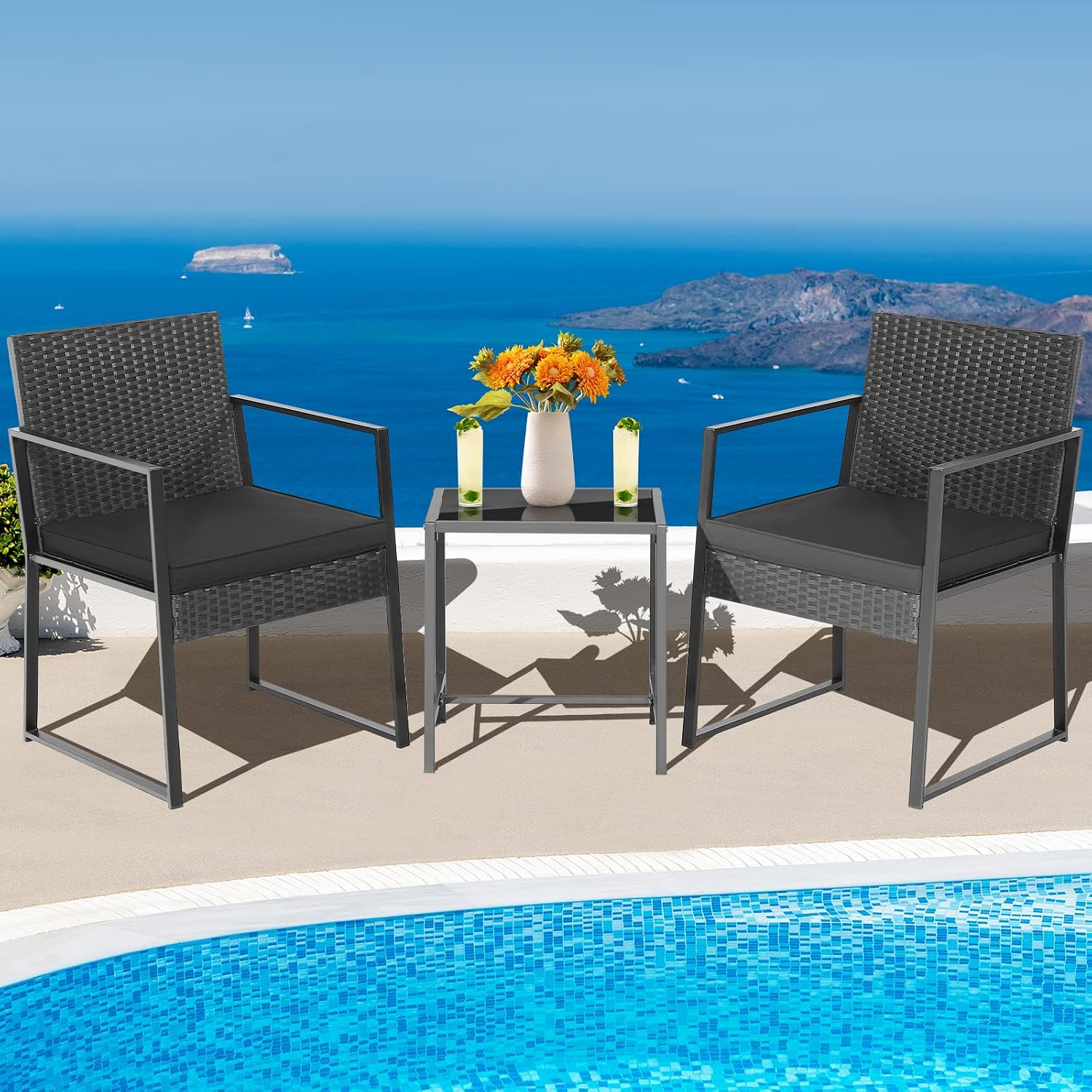 Tangkula 3 Piece Patio Furniture Set, Modern Heavy Duty All Weather Cushioned Wicker Chairs and Coffee Table Set, Suitable for Front Porch, Backyard, Garden, Poolside and Deck (Black)