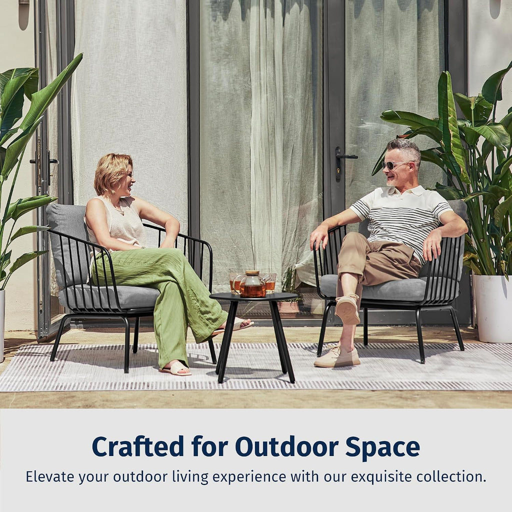 East Oak 3-Piece Plaza Patio Furniture Set, Outdoor Furniture with Thick Cushion Sofa and Coffee Table, Outdoor Bistro Set for 2, Modern Patio Conversation Set for Balcony, Black & Grey