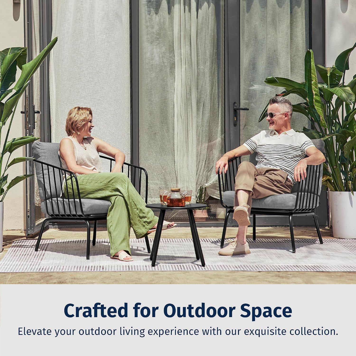 East Oak 3-Piece Plaza Patio Furniture Set, Outdoor Furniture with Thick Cushion Sofa and Coffee Table, Outdoor Bistro Set for 2, Modern Patio Conversation Set for Balcony, Black & Grey