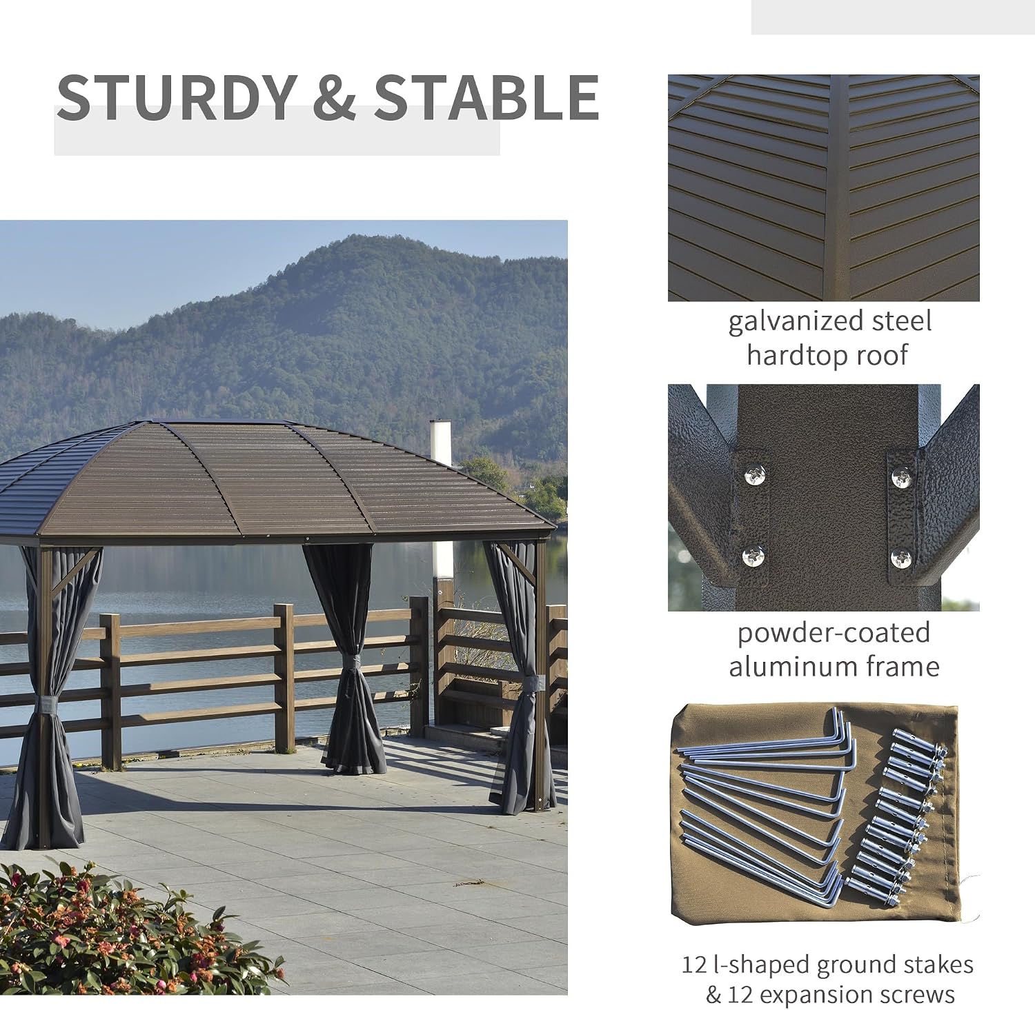 Outsunny 10' x 13' Hardtop Gazebo Canopy with Galvanized Steel Roof, Aluminum Outdoor Pavilion Gazebo with Top Hook, Netting, and Curtains for Patio, Garden, Backyard, Deck, Dark Gray