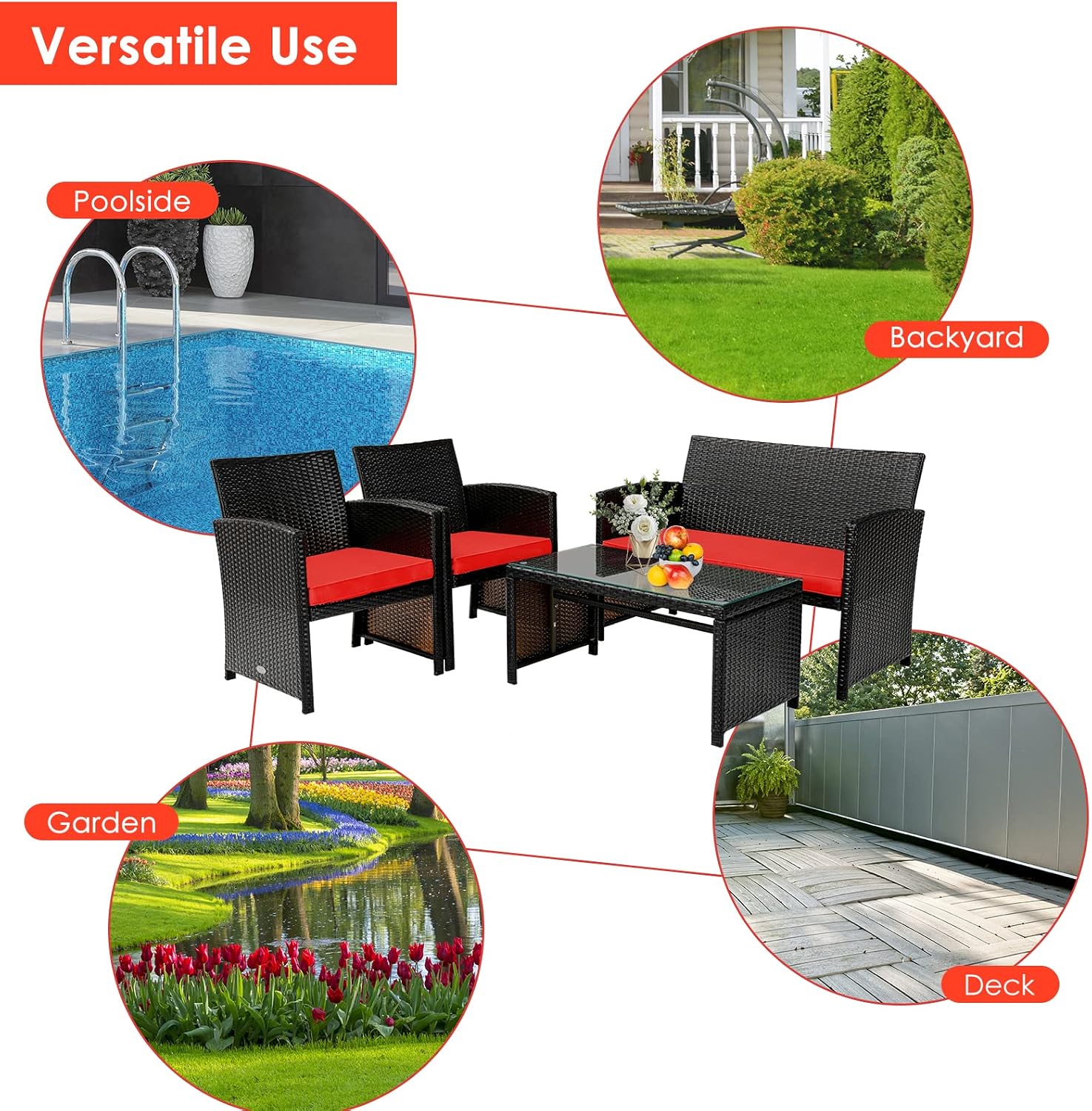 COSTWAY 4 Piece Patio Furniture Set, Outdoor PE Rattan Wicker Sectional Sofa with Cushion and Coffee Table, Patio Conversation Sets for Balcony Lawn Porch Patio Backyard Garden Poolside, Red
