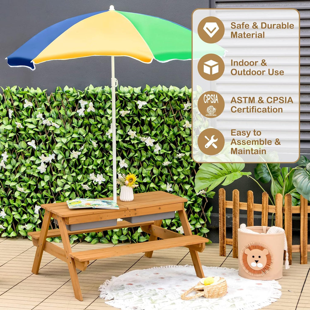 HONEY JOY Kids Picnic Table, 4 in 1 Cedar Wooden Sand & Water Table w/ 2 Removable Box & Umbrella, Kids Picnic Tables for Outdoors Backyard Garden, Toddler Patio Furniture Set for Boys Girls(Colorful)