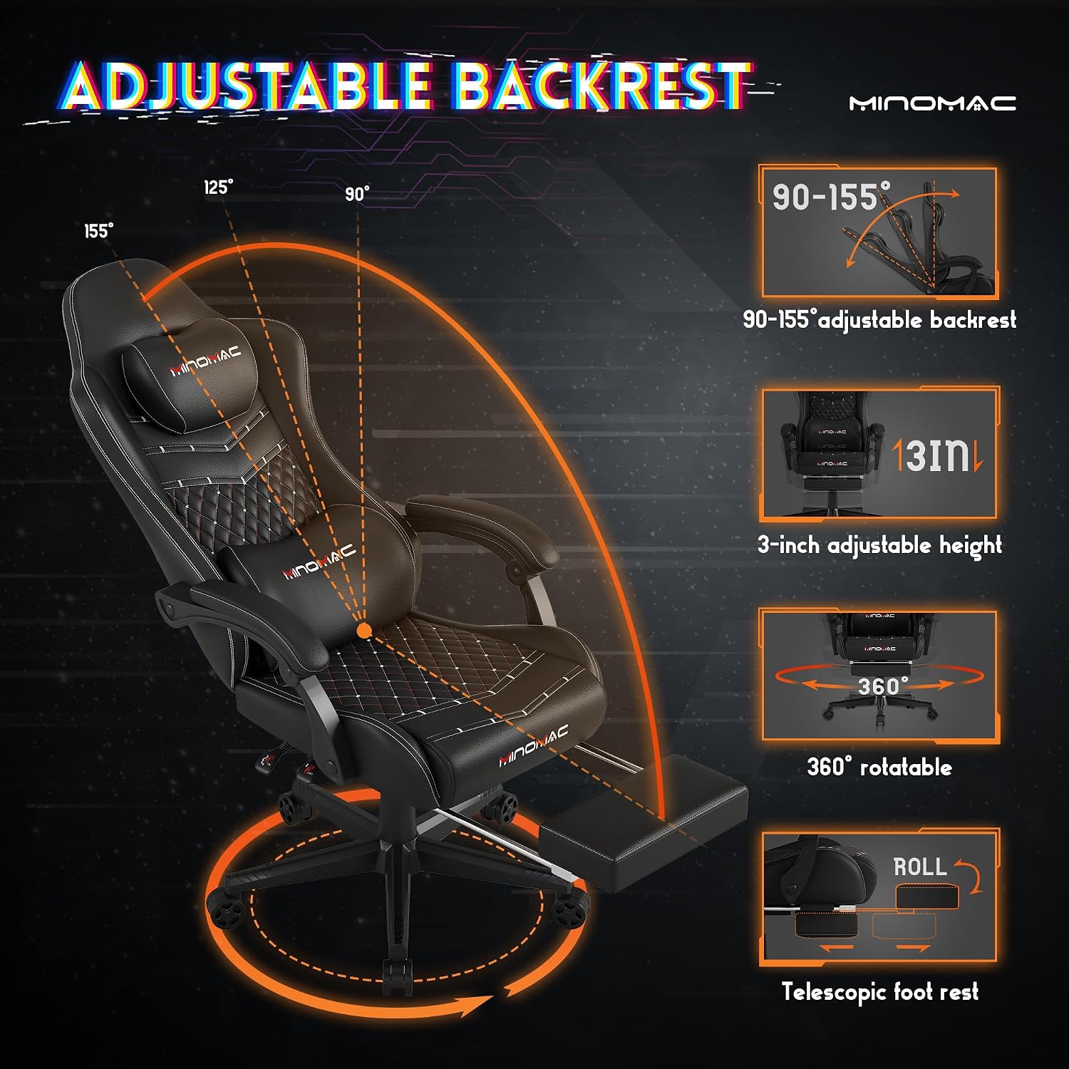 Gaming Chair,Ergonomic Computer Gaming Chair,400lb Load-Bearing,Retractable Footrest/Waist Support/Ergonomic Backrest[Spring + 4D Sponge] (Black)