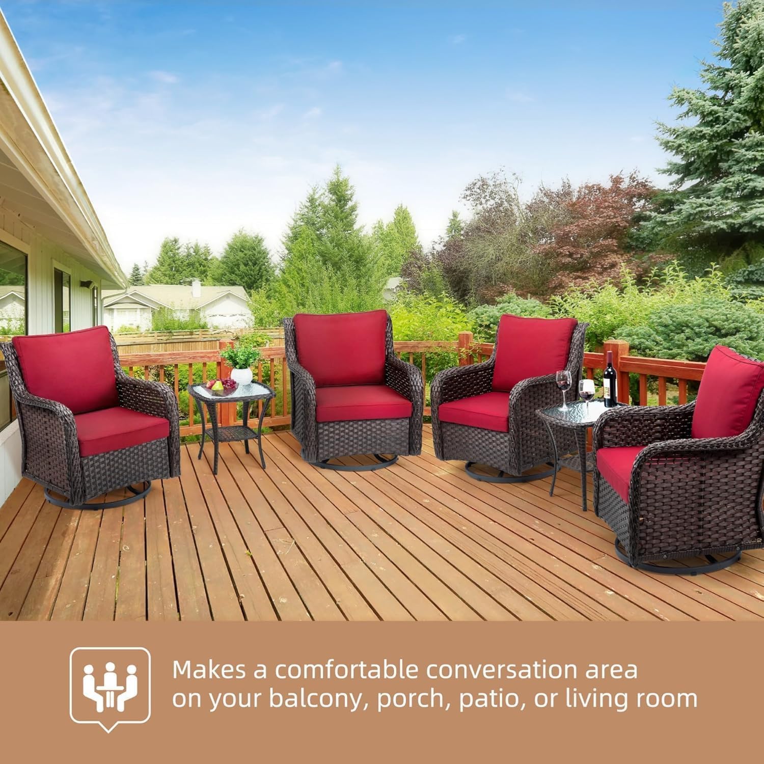 GarveeHome 3-Piece Outdoor Wicker Rattan Swivel Rocking Chair Set with Armored Glass Side Table & Premium Cushions - 360° Swivel Patio Furniture for Backyard, Porch, Deck, Balcony, Garden, Red