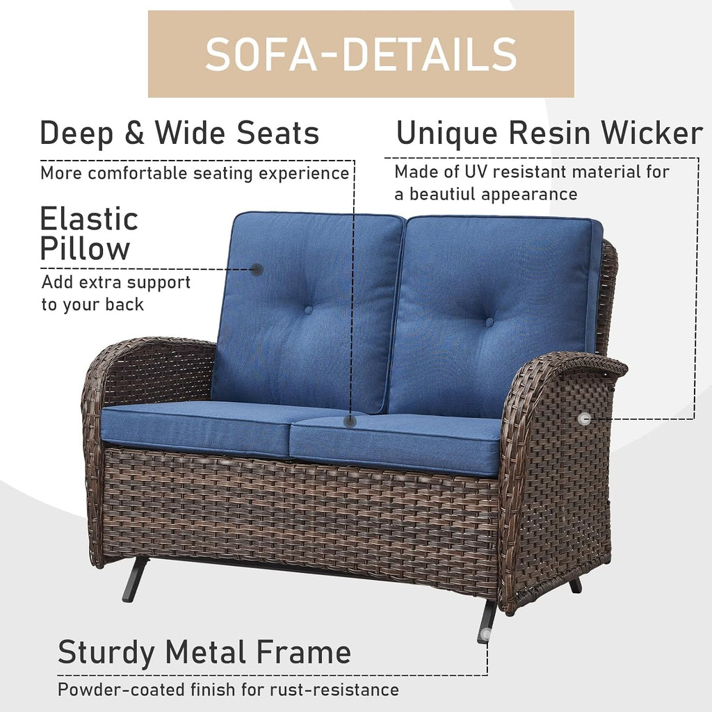 HUMMUH 5-Piece Patio Furniture Set with Fire Pit,Wicker Patio Glider Loveseat Outdoor Swivel Rocker Chairs for Backyard,Poolside,Deck