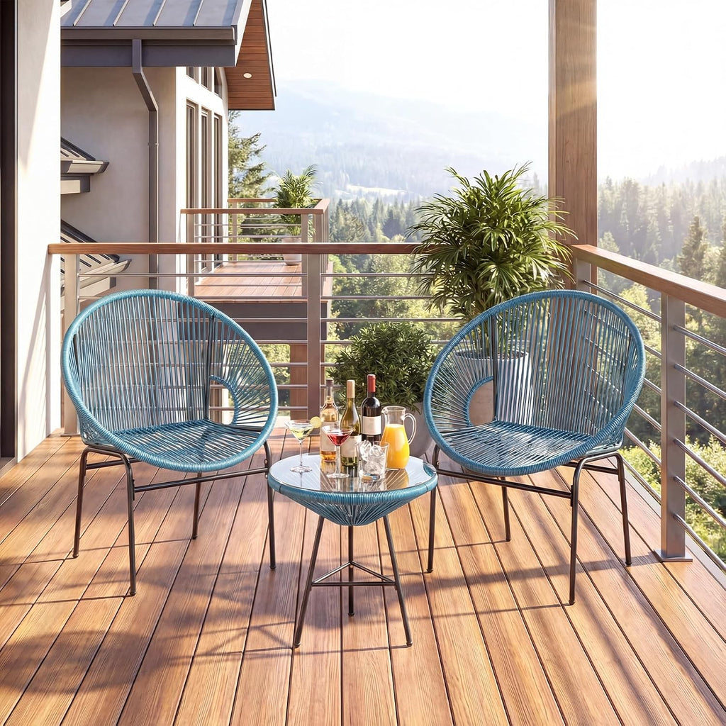 Tangkula 3 Piece Outdoor Patio Furniture Set, Acapulco Chair Set w/Plastic Rope, Tempered Glass Table, All Weather Patio Bistro Set for Patio, Lawn, Garden, Backyard (Turquoise)