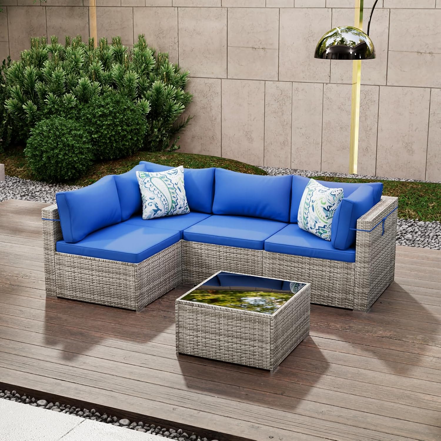 Tradare 5 Piece Patio Furniture Set, Outdoor Wicker Patio Sofa Set, PE Rattan Sectional Couch with Glass Table and Blue Cushions, All-Weather 5 Piece Outdoor Patio Furniture Sets, Grey