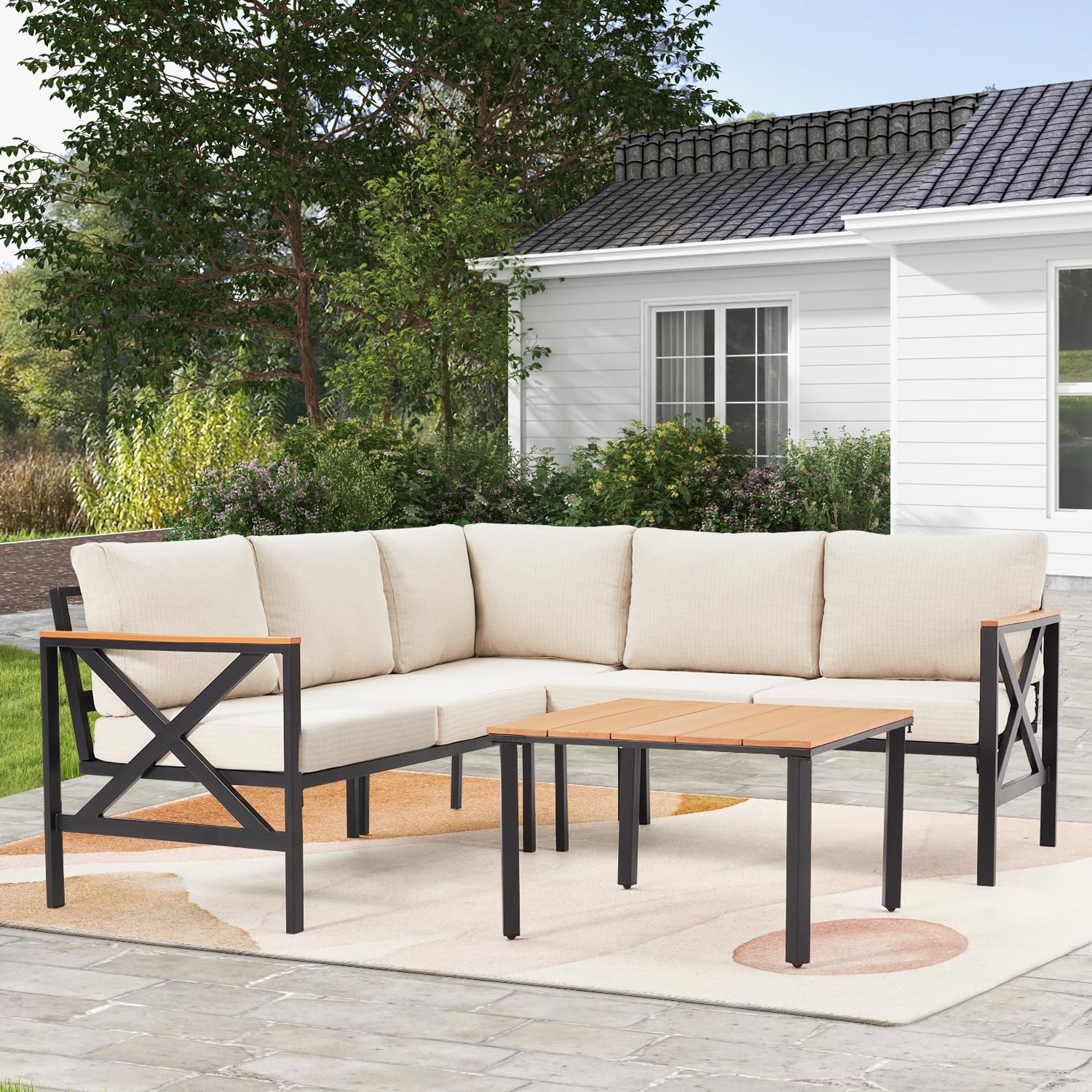 EROMMY 6 Pieces Patio Furniture Sets, Metal Outdoor Sectional Furniture L Shape Patio Conversation Sets with Fauxwood Coffee Table & 6.5' Olefin Cushions for Backyard, Garden, Poolside