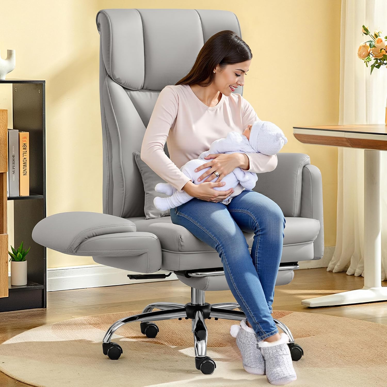 FelixKing Big and Tall Office Chair, 400LBS Wide Leather Executive Chair, Reversible Armrest for Pets Criss Cross Legged, 135° Reclining High Back Gaming Desk Chair with Lumbar Support Footrest, Gray
