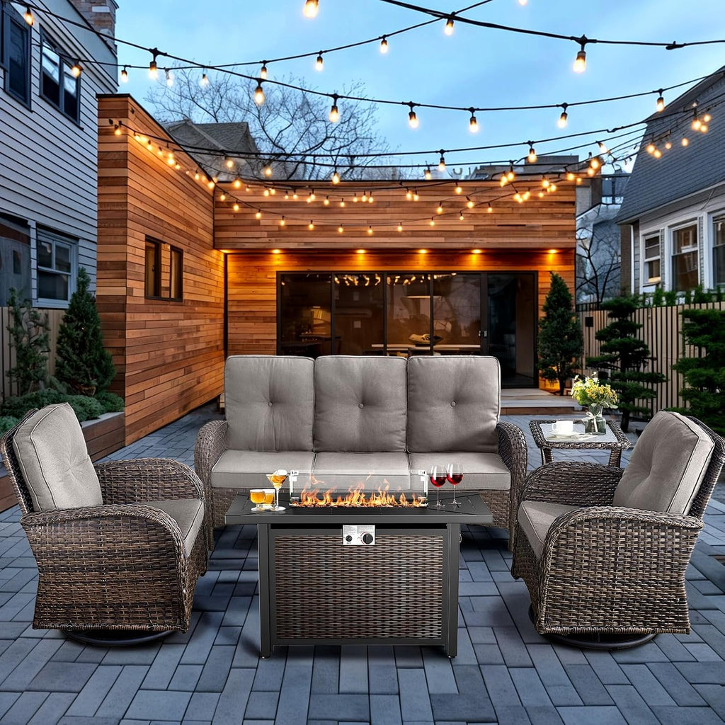 HUMMUH 5-Piece Patio Furniture Set with Fire Pit,Wicker Outdoor Swivel Rocker Chairs Patio Sofa for Backyard,Poolside,Deck,Brown Grey