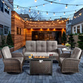 HUMMUH 5-Piece Patio Furniture Set with Fire Pit,Wicker Outdoor Swivel Rocker Chairs Patio Sofa for Backyard,Poolside,Deck,Brown Grey