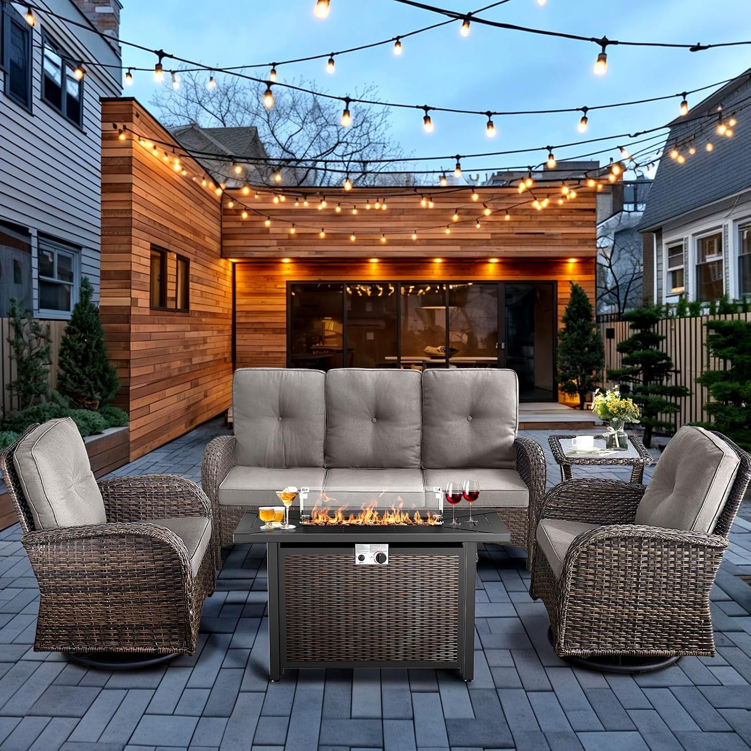 HUMMUH 5-Piece Patio Furniture Set with Fire Pit,Wicker Outdoor Swivel Rocker Chairs Patio Sofa for Backyard,Poolside,Deck,Brown Grey
