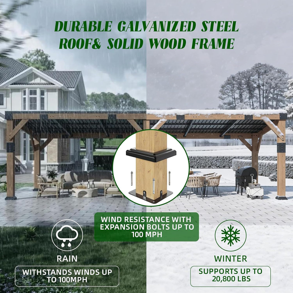 10x22 ft Cedar Wood Gazebo with Hardtop Slope Roof, Large Outdoor Grill Canopy with Galvanized Steel Roof, Heavy Duty Pavilion for Garden, Patio, Backyard