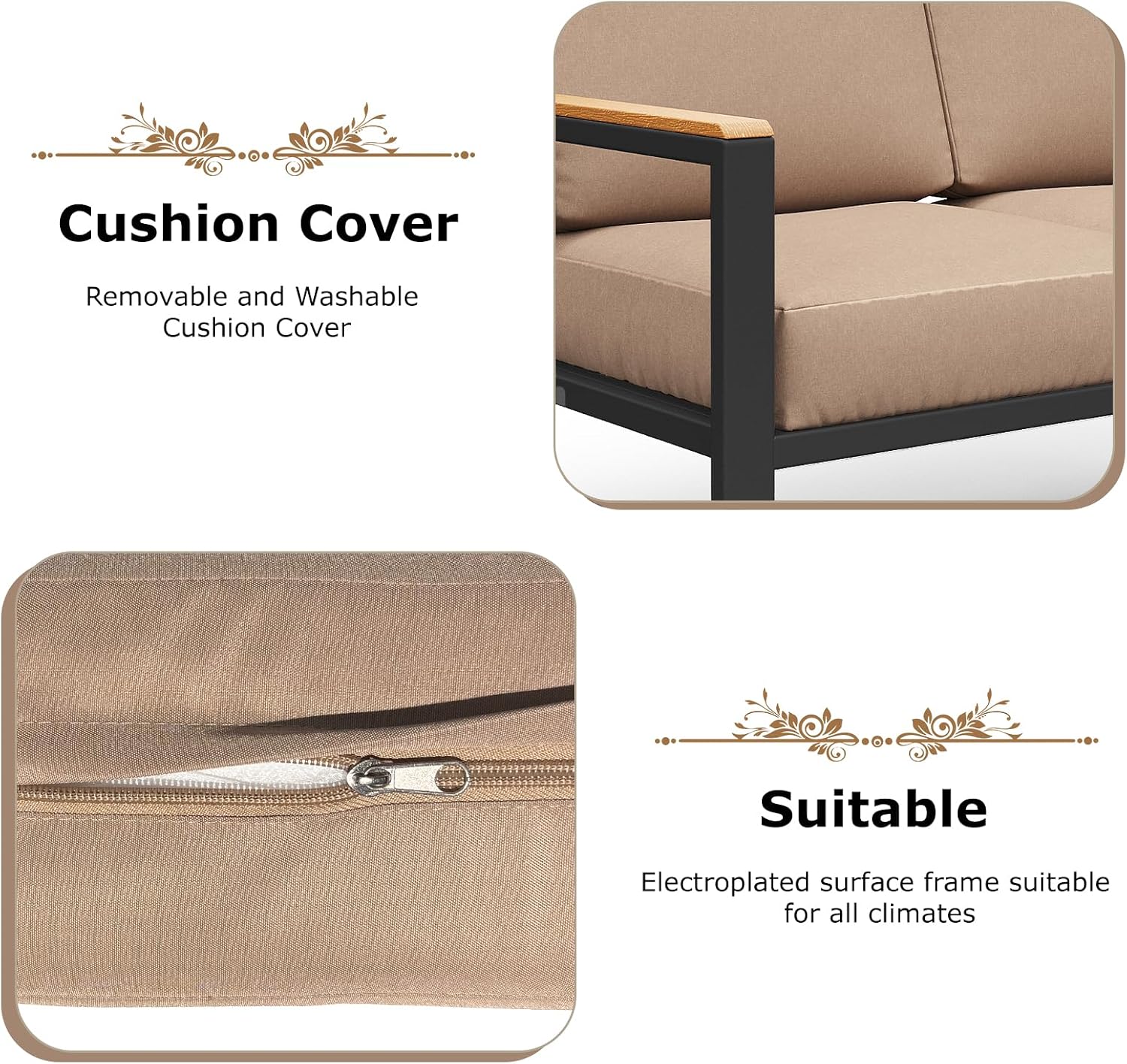4-Piece Outdoor Patio Furniture Set, Metal Conversation Sofa Set with Deep Cushions & Wood-Like Armrests, Modern Patio Seating with Coffee Table for Garden, Porch, Balcony, Backyard (Brown)