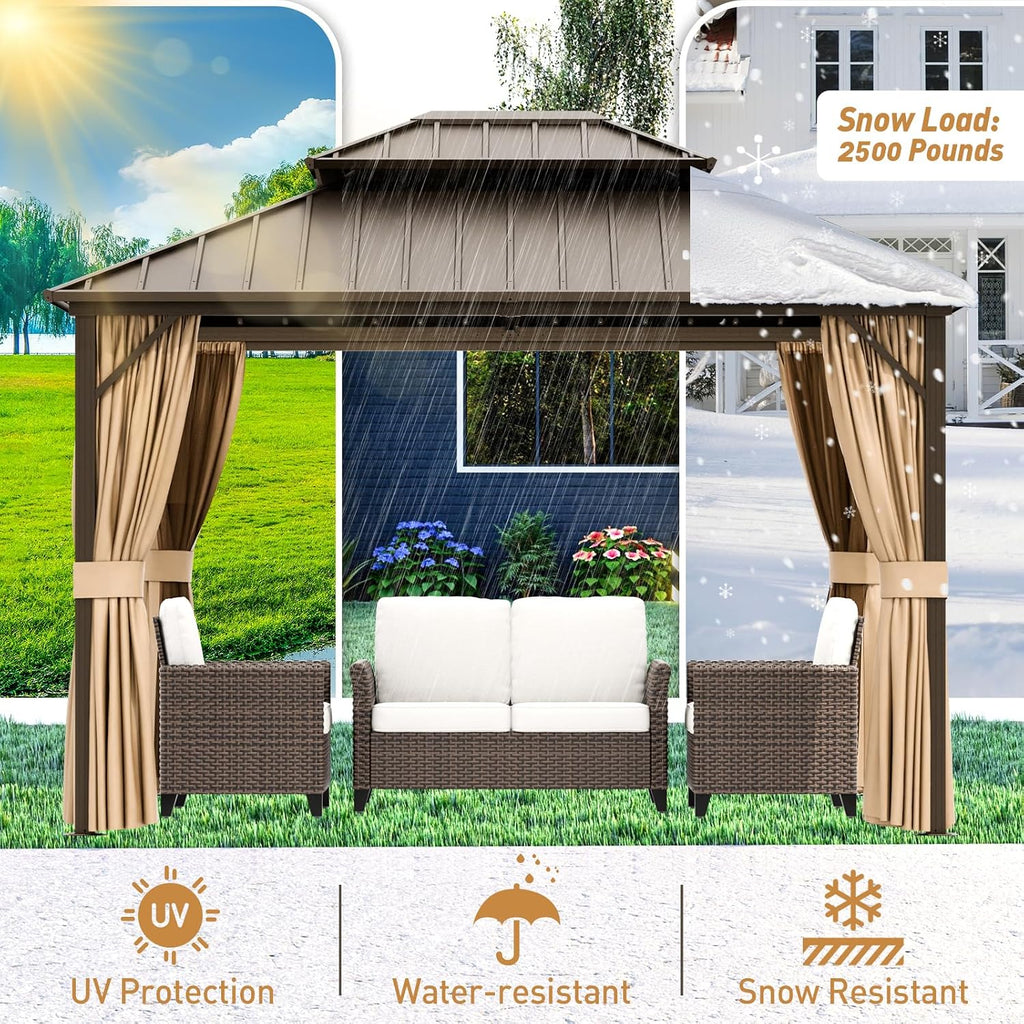 10x12 Hardtop Gazebo with Netting and Curtains, Galvanized Steel Double Roof Outdoor Pavilion with Aluminum Frame, Patio Gazebo for Deck, Garden, Lawn, Dark Brown/Tan