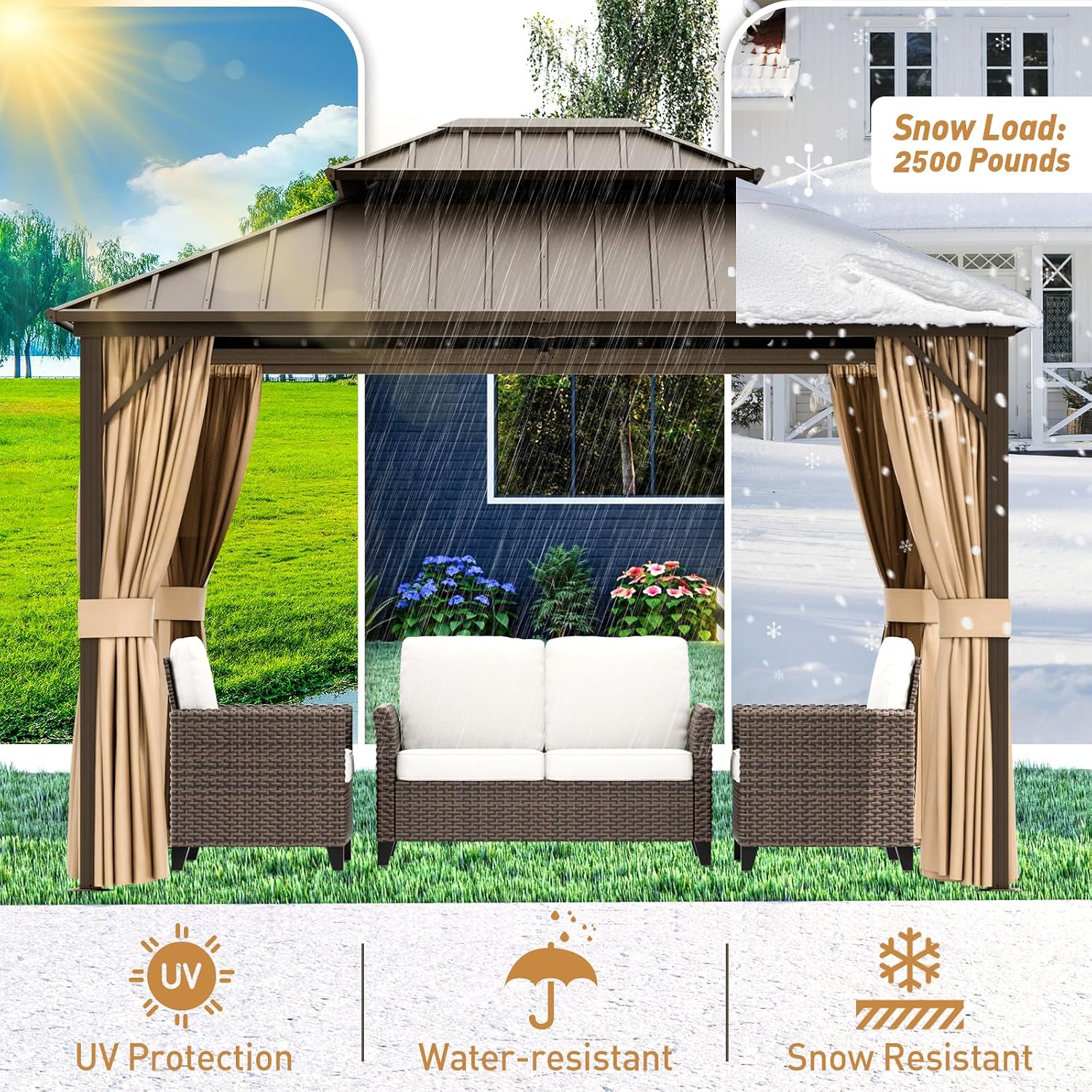 10x12 Hardtop Gazebo with Netting and Curtains, Galvanized Steel Double Roof Outdoor Pavilion with Aluminum Frame, Patio Gazebo for Deck, Garden, Lawn, Dark Brown/Tan