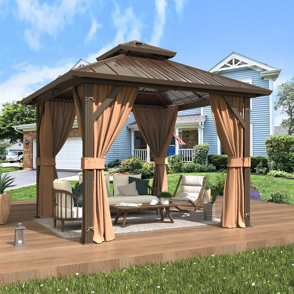 EROMMY 10'x10' Gazebo Hardtop, Galvanized Steel Double Roof Metal Gazebo with Aluminum Frame, Permanent Outdoor Pavilion with Curtain and Netting for Patio, Lawn and Garden, Brown