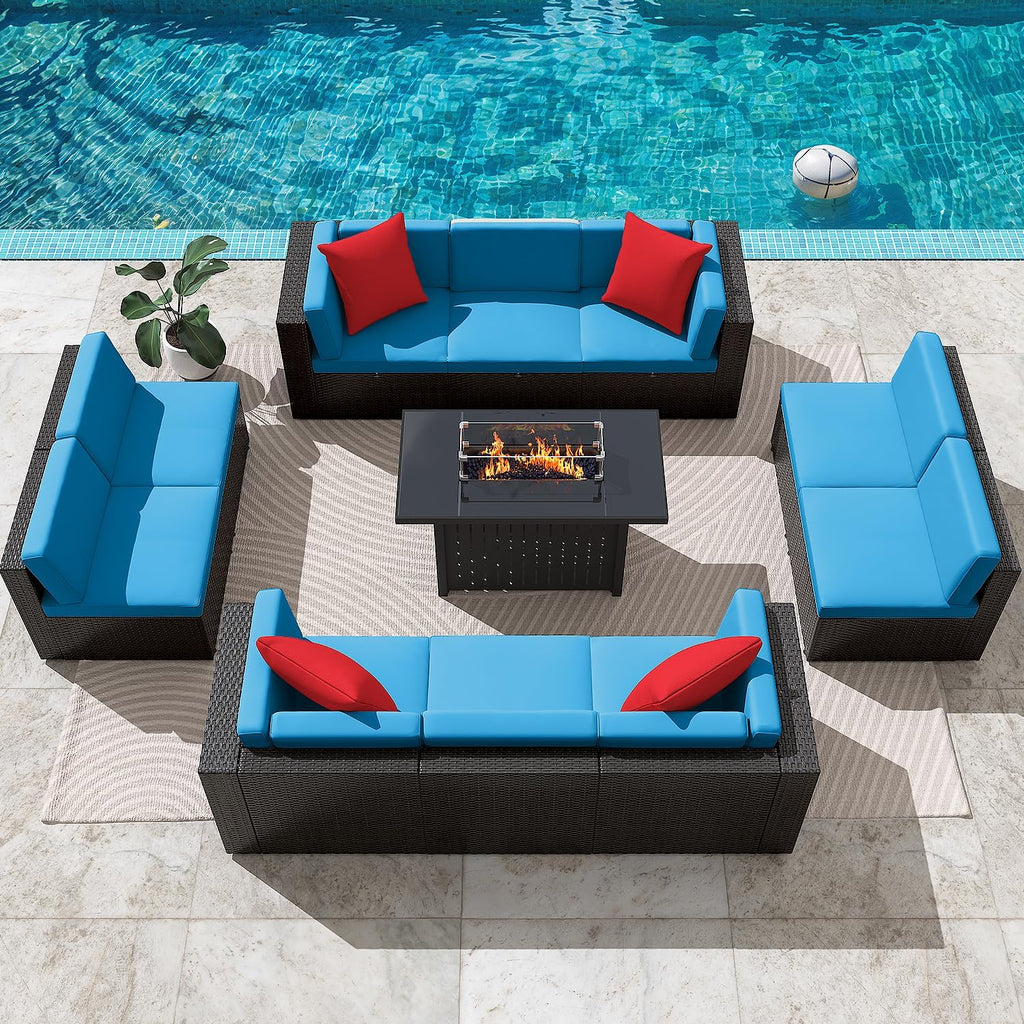 Greesum Patio Furniture Sets 11-Pieces Outdoor PE Rattan Sectional Sofa w/43in Gas Fire Pit Table 55000 BTU Add Warmth to Gatherings Parties On Deck Garden Backyard,Blue